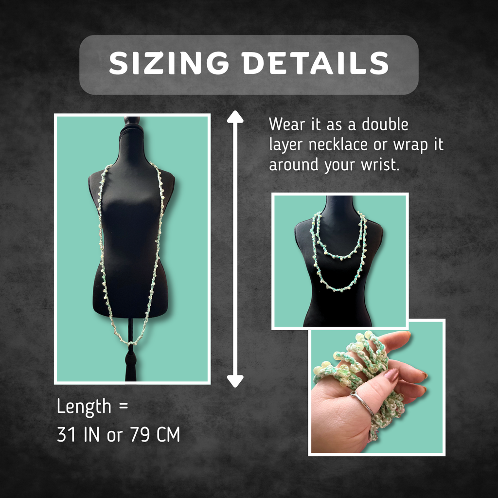 Sizing details graphic for a double-layer necklace, showing a black mannequin torso with the necklace displayed on it, a hand holding a coiled length of the necklace, and text stating the length is 31 inches or 79 cm. The background is a dark textured gray.