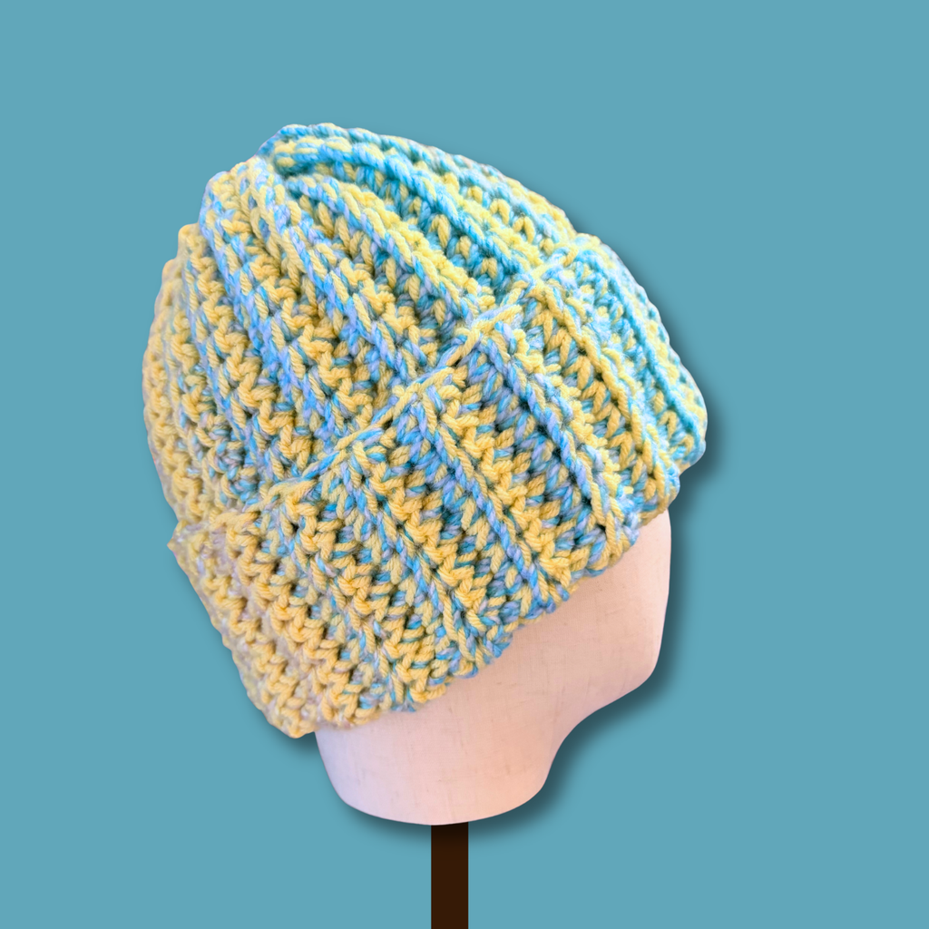 Adult Medium Blue and Yellow Beanie