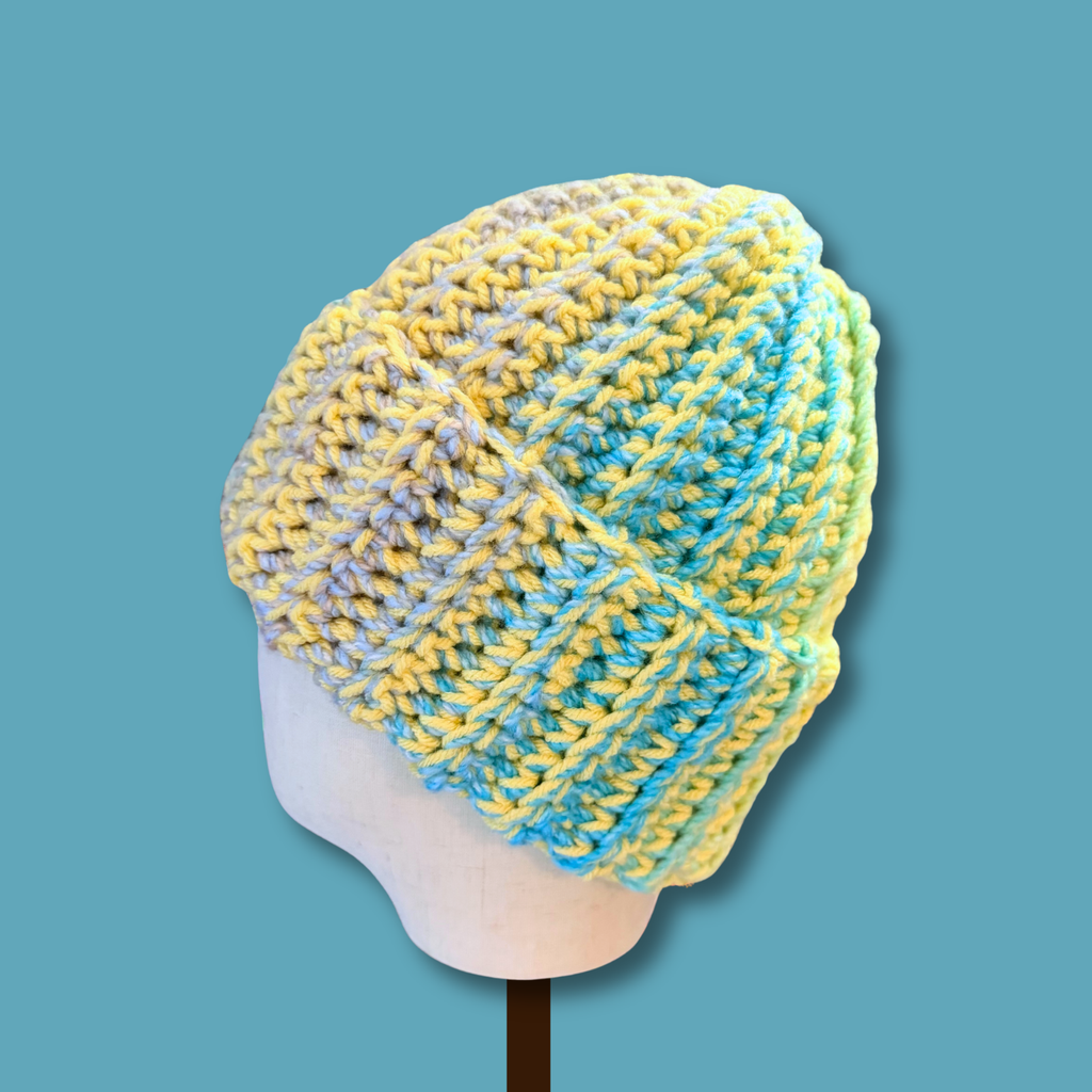 Adult Medium Blue and Yellow Beanie