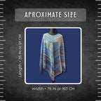 A size guide graphic for a crocheted poncho sweater, showing a mannequin torso wearing the garment against a dark blue square. White text reads 'APROXIMATE SIZE' at the top, with measurements 'Length = 36 IN or 91 CM' on the left and 'Width = 76 IN or 193 CM' at the bottom.