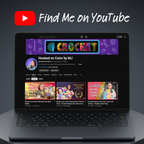 A laptop on a dark background displaying a YouTube channel page for 'Hooked on Color by MJ' under a red YouTube logo and the text 'Find Me on YouTube'.